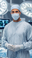 A surgeon in a sterile, modern operating room, conveying professionalism and focus.