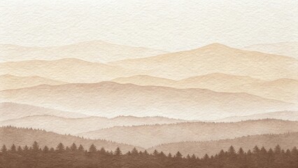 Tranquil Watercolor Landscape of Mountain Range with Soft Earthy Tones