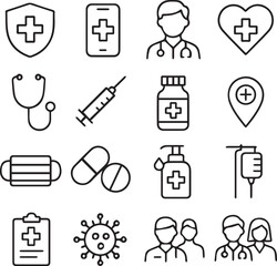 Healthcare line icon set. Medicine, medical service, health, care, doctor, hospital, patient, treatment, sick, illness and more. Outline icon in linear style. Vector collection.
