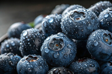 A close-up of glistening blueberries piled high creates a visually captivating scene of fresh, ripe fruit.