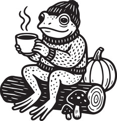 cute fall frog with coffee cup and pumpkin