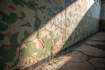 Cracked Green Wall with Light and Shadows in an Abandoned Interior Space