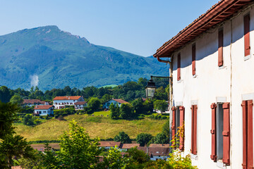 Traditional Basque Houses (Labourdine) Amid Hills around the Village of Sare