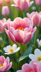 Fototapeta premium A beautiful pink tulip blooms in a lush green garden on a sunny day