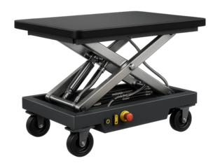 Rail cart with a hydraulic lift platform for elevating and transporting machinery components in an assembly plant.