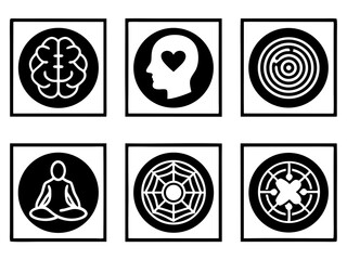 Collection of six black and white icons representing mind and meditation