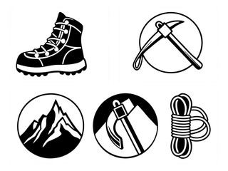 Climbing gear icons boot ice axe mountains carabiner and rope