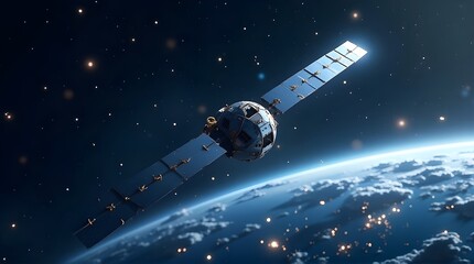 Naklejka premium Hight-Tech Artificial Satellite Orbiting Earth.Twinkling Stars. 
