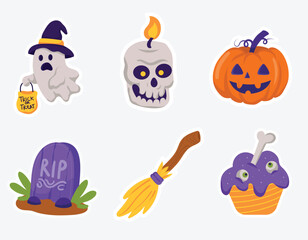 Cute halloween cartoon sticker collection with ghost, skull, pumpkin and cupcake sticker
