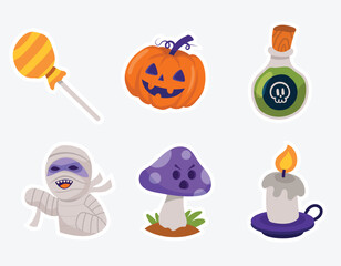 Halloween sticker set with lollipop, potion, mummy, mushroom and candle sticker