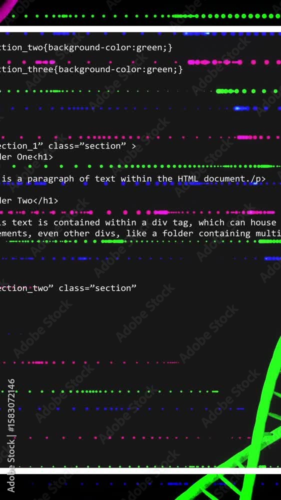 Poster HTML code snippet over DNA strand animation with colorful lines