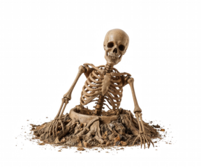 An Eerie Depiction of an Ancient Skeleton Emerging from a Bed of Earth, Showcasing Mortality and the Passage of Time