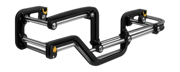 Overhead conveyor with a zigzag path configuration for optimizing space in a textile mill