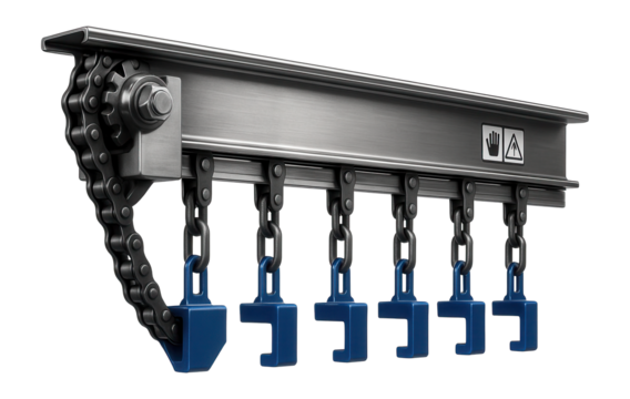 Chain-driven overhead conveyor with integrated load bars for a heavy machinery factory