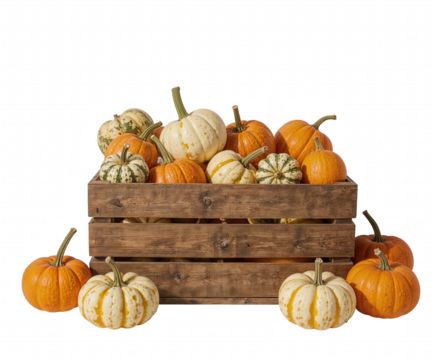 Abundance of Autumn, A Rustic Wooden Crate Overflowing with Colorful Pumpkins Ready for Harvest Season Displays
