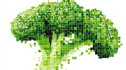 Minimalist Broccoli Silhouette Created With Green Pixels on a Clean White Background Showcasing Modern Digital Art Design