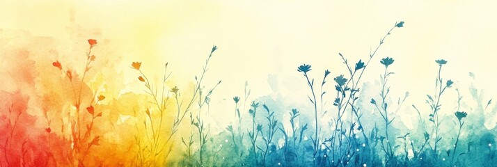 Fototapeta premium Vibrant Apricot Dreamscapes with Creamy Yellow Sunbeams Dancing Among Delicate Floral Watercolors