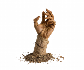 An eerie depiction of a withered ancient mummy's hand wrapped in decaying bandages, emerging from the earth with morbid elegance