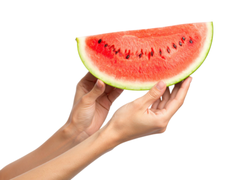 A pair of hands holding a large slice of fresh watermelon against a black background.