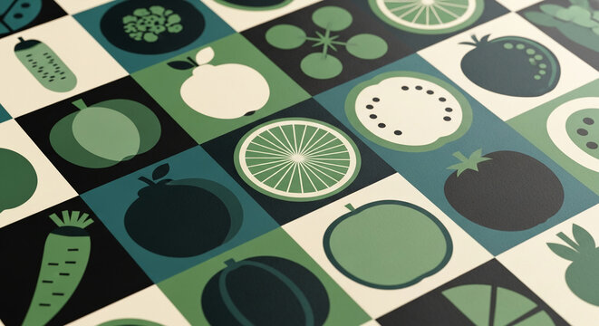 Geometric pattern of various fruits and vegetables in green tones, creating a fresh and healthy visual, showcasing a vibrant food theme ideal for healthy eating or organic product promotion