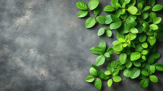 Green Foliage on Grunge Textured Gray Backdrop with Copy Space for Business & Educational PowerPoint Slides