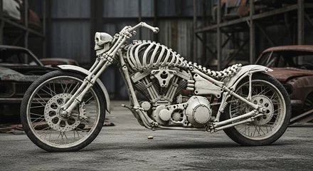 Fotobehang Motorfiets An intricately designed bone-themed motorcycle with a skull headlight is parked in a desolate outdoor area.  © Buka