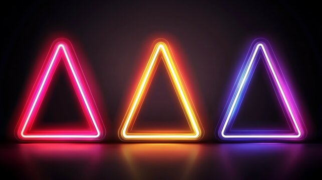 Three neon triangles on dark background