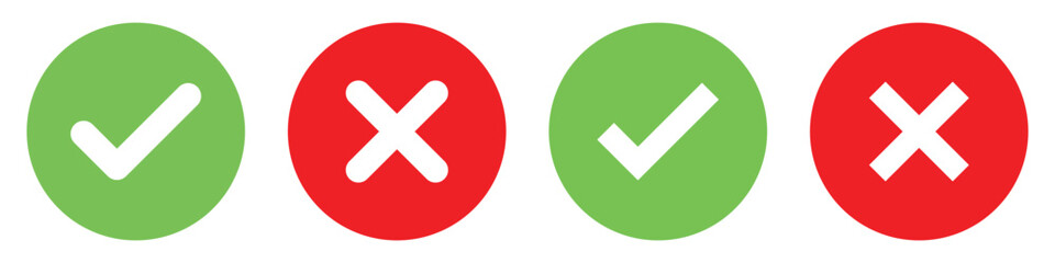 Set green approval check mark and red cross icons in circle and square, checklist signs, flat checkmark approval badge, isolated tick symbols