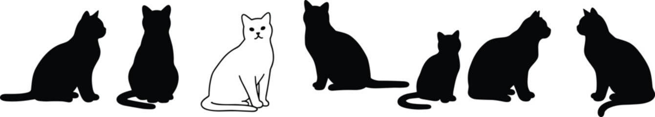 Cat silhouettes cad drawing flat vector illustration, seven feline icons in mixed black and whiteCat silhouettes cad drawing flat vector illustration, seven feline icons in mixed black and white