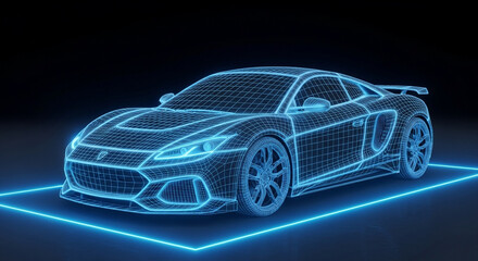 Dynamic wireframe car model shines with vibrant blue light on a virtual display