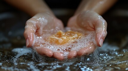 Hands holding soap, bubbles and water