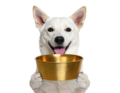 A white dog holds a golden bowl with its front paws, looking happy with its tongue out and ears perked up.