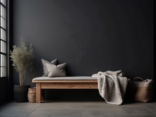 Rustic wood bench with grey cushion, beige and black pillows and woolen blanket
