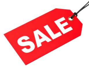 A red price tag with bold black text reading "SALE" attached to a black string.