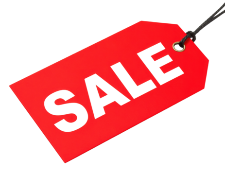 A red price tag with bold black text reading "SALE" attached to a black string.