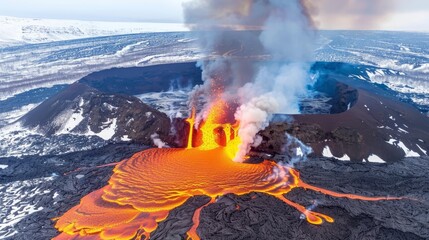 Majestic icelandic volcano erupts with smoke amidst stunning glaciers and jagged lava landscapes