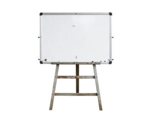 A whiteboard mounted on a rustic, wooden easel stand showing slight wear and marks on its surface.