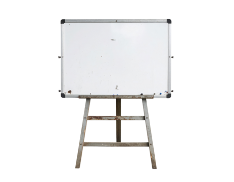 A whiteboard mounted on a rustic, wooden easel stand showing slight wear and marks on its surface.