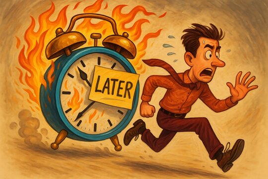 A man in panic, escaping from a burning alarm clock marked later, symbolizing urgency and fear of time slipping away, time burning background