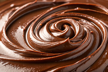 A smooth, glossy dark chocolate spread is swirled in rich, thick ribbons across a surface, its deep, velvety texture gleaming under the light. 