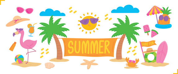cute fun hand drawn flat style graphic element vector set in summer beach theme