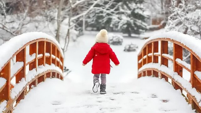 Little girl wearing red coat on snowy bridge