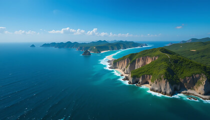 Fototapeta premium Aerial View of Coastal Cliffs and Turquoise Waters with Lush Green Hills