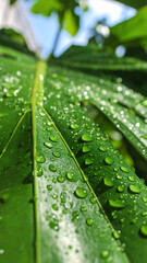Vibrant Green Plant Leaf Adorned with Fresh Raindrops