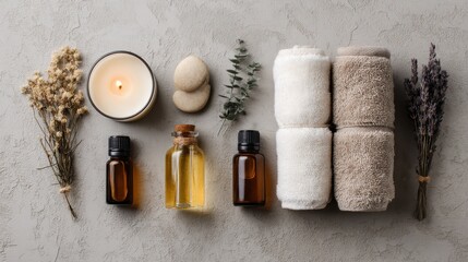Spa Essentials Flat Lay With Aromatherapy Oils, Candles, And Towels. Relaxation And Wellness Concept