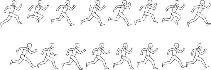 Running cycle cad drawing flat vector illustration, two sequences of eight stick figures showing full dynamic jogging motion front viewRunning cycle cad drawing flat vector illustration