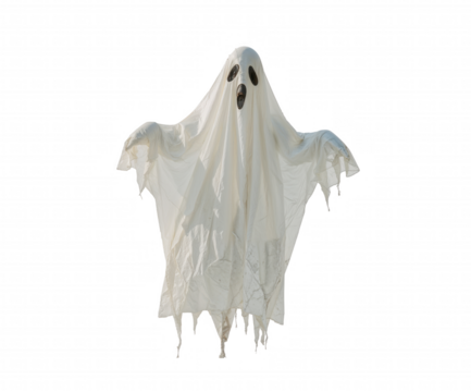 Ethereal apparition, A gigantic translucent and tattered inflatable ghost floats ominously, creating a spooky and surreal atmosphere