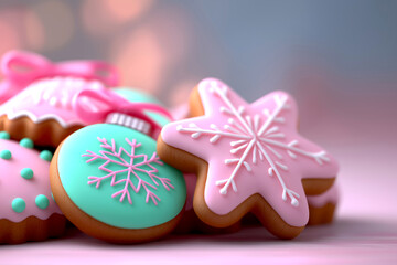 Close-up of pastel pink and turquoise Christmas cookies with snowflake icing and soft bokeh background. Mint green and blush pink Xmas elements for recipe books, Christmas ads, confectionery packaging