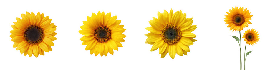 Fototapeta premium Four sunflowers with yellow petals and dark centers isolated on black background
