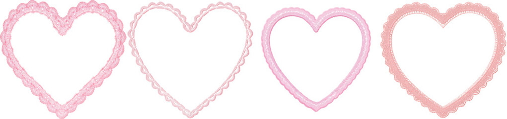 Four pink heart frames with different ornate border patterns isolated